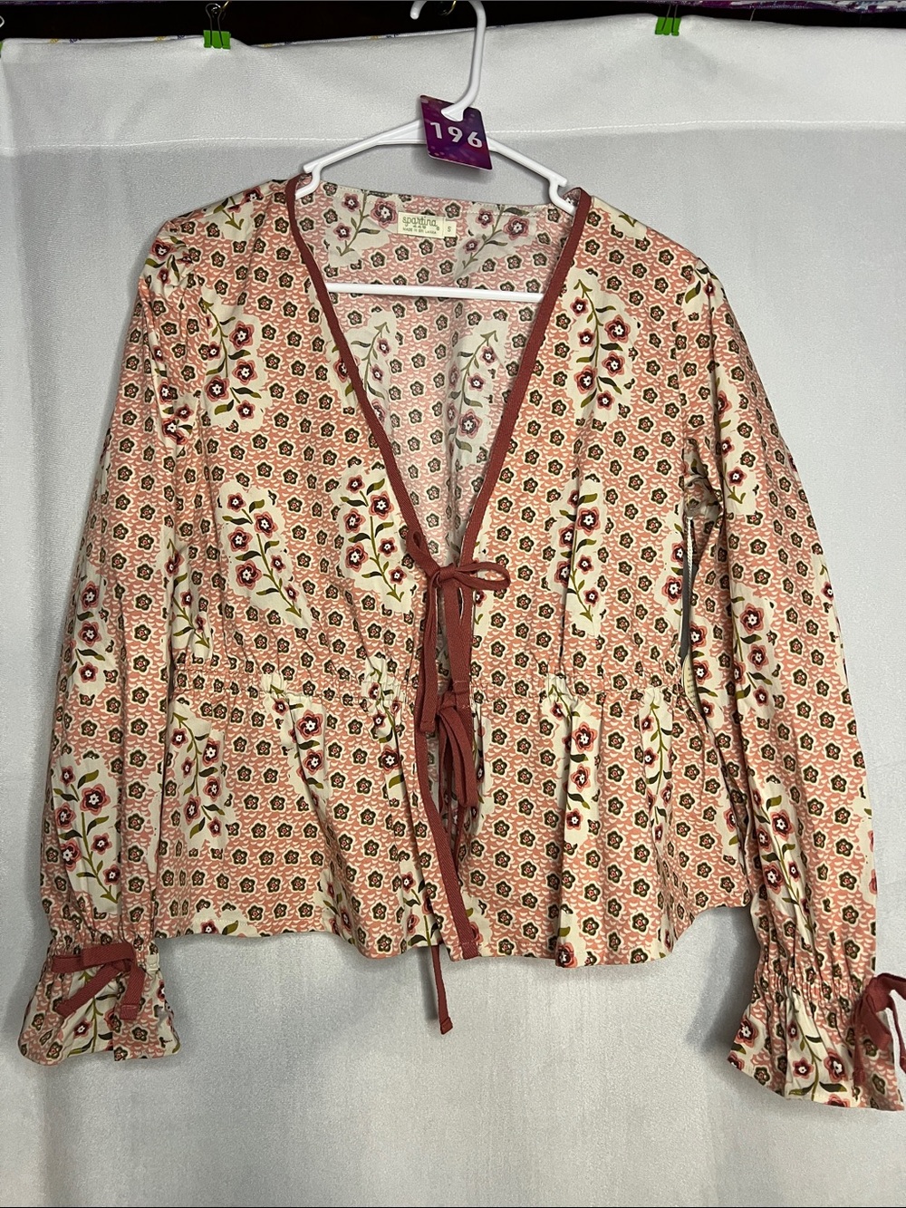 NWT Spartina 449 Small Cotton Boho Tie-Front Floral Peasant Top - Pink PTP 20”